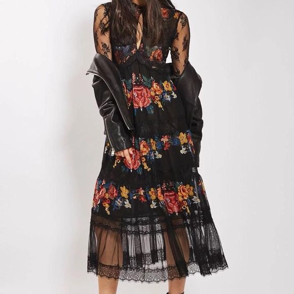 TopShop Black Lace Midi Dress 2 Floral Sheer Women’s Boho Whimsical - Picture 1 of 7